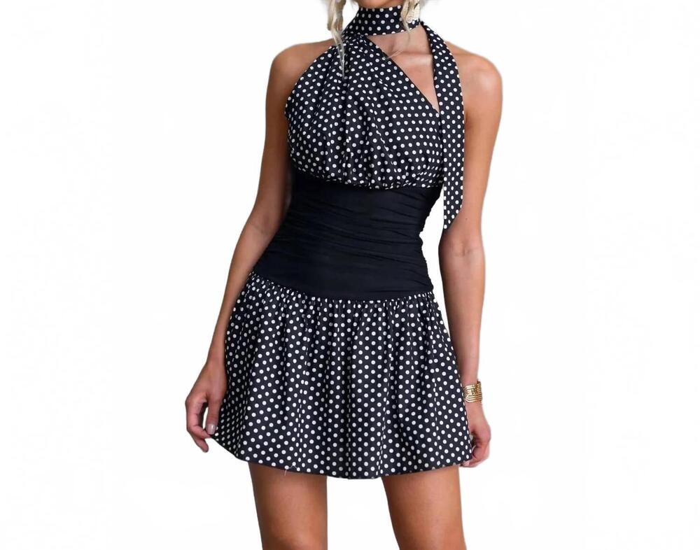 NEW ONE AND ONLY COLLECTIVE sleeveless halter polka dot mini dress in black